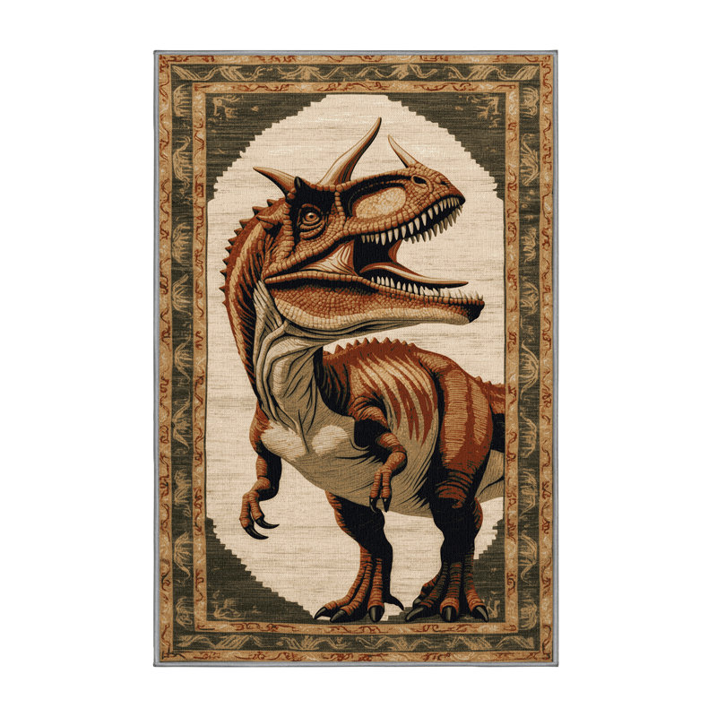 Tapis brun dinosaures lavable à la machine, Rectangle 2 pi x 3 pi
