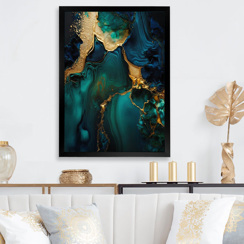 Abstract Geode Marble Green and Gold - Impression sur toile encadrée abstraite, L 30 po x H 40 po