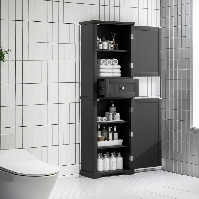 Grande armoire de rangement pour salle de bain, armoire de rangement autoportante avec tiroir et tablette réglable, panneau de fibres à densité moyenne avec finition peinte