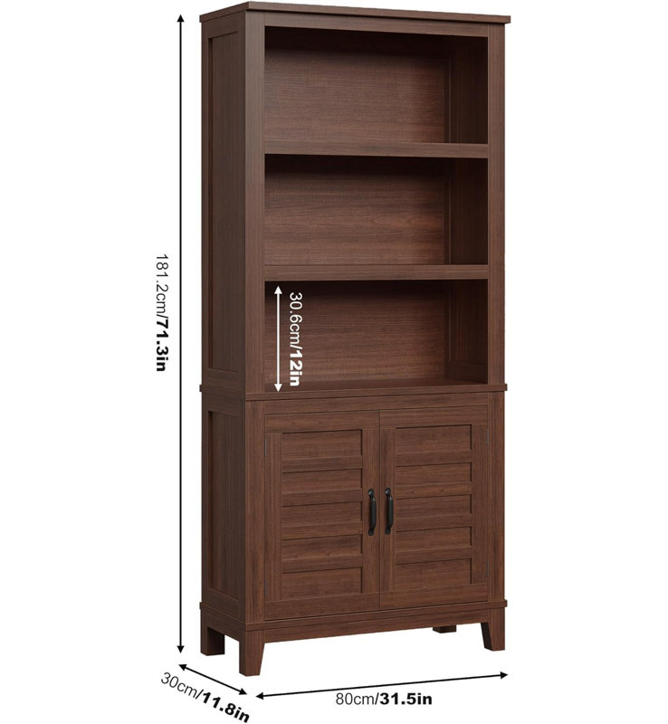 Grande bibliothèque à 5 niveaux avec portes de grange et tablettes réglables pour bureau à domicile, salon, chambre à coucher et cuisine
