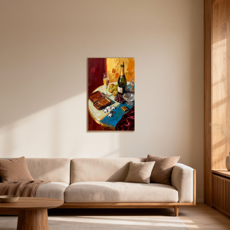 Mode nature morte avec champagne et cigares, H 36 po x l 24 po