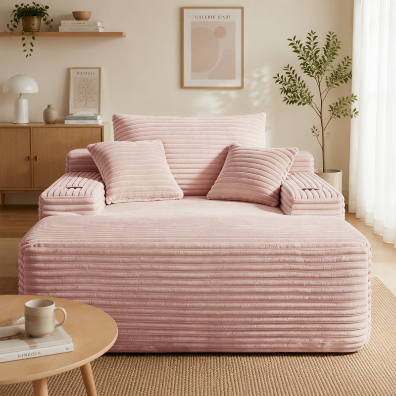 Chaise longue convertible en peluche rose | Canapé-lit sans dossier avec grands accoudoirs | Coussins décoratifs avec porte-gobelet | Aucun assemblage requis pour le salon ou la chambre