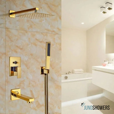 Juno Gold Square Widespread Contemporary 8 Inches Bathroom Shower with Hand-Held Shower