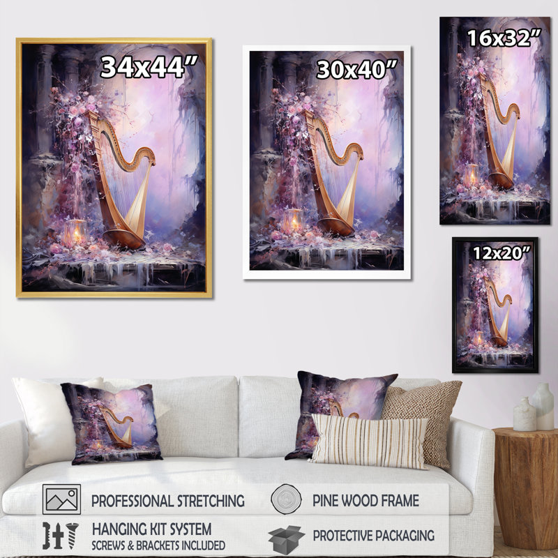 Lyre Lore Mythical Mauve sur toile, Cadre flottant noir, 20" H x 12" W