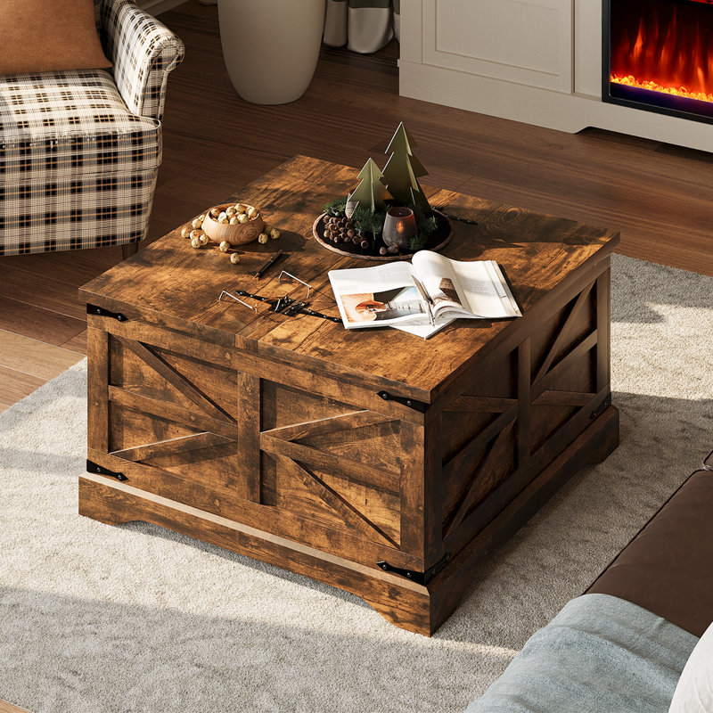 Table basse Farmhouse, table basse carrée en bois avec plateau relevable de 31,5 po, table basse rustique avec rangement caché pour le salon