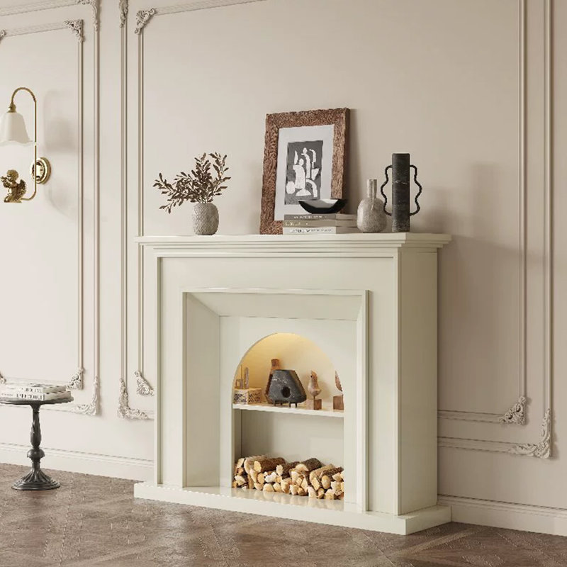 Beige Solid Wood Electric Fireplace