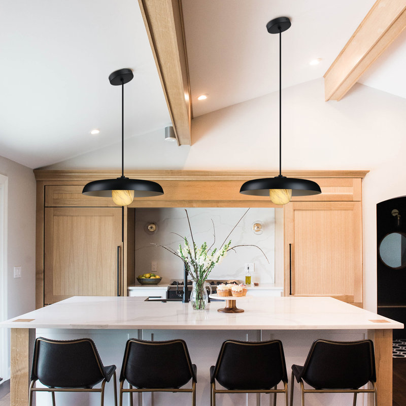 Luminaire suspendu industriel en forme de dôme à 1 lumière de 15,7 po pour îlot de cuisine, Blanc/Noir