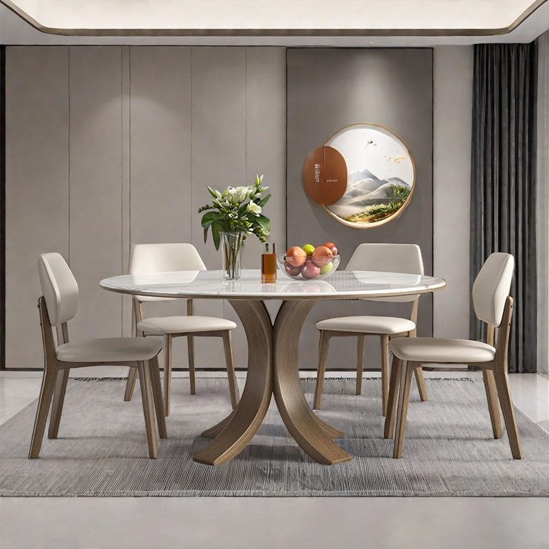 Simple Microlite Wood Round Dining Table Sets, 7 Pieces: Table, 6 Chairs, 29.5" H x 47.2" W x 47.2" D