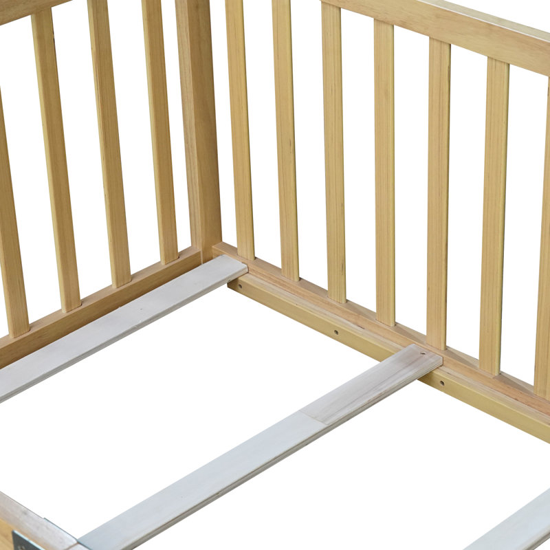 Twin Size Floor Bed with High Fence Railings, Rubber Wood Floor Bed with Safety Guardrails