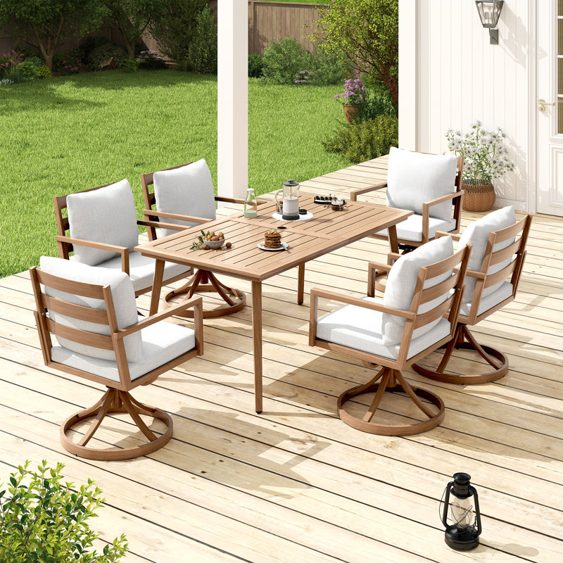 Ensemble de salle à manger en aluminium brun 7 pièces avec table rectangulaire, 6 chaises pivotantes et coussins gris clair Michael