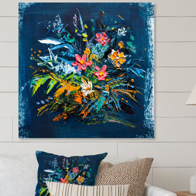 Bleu impressionniste et fleur verte - Peinture