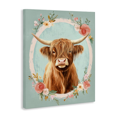 Highland Cow In Floral Border Canvas, design by Petal Prints Design