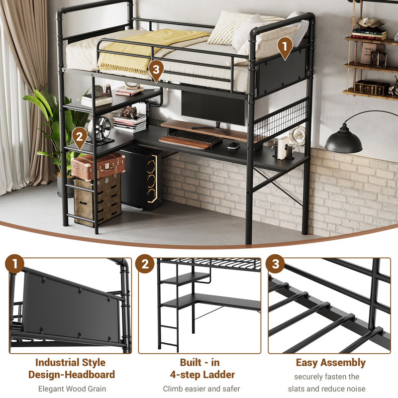 Twin Loft Bed with L-Shaped Desk, Metal Bunk Bed Frame with 2 Open Shelves & Decorative Mesh Panel, Guardrails & Ladder, No Box Spring Needed