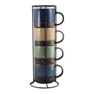 Coffee Mug Rack with 4 Mugs Color-Glazed Stackable Kitchen Storage