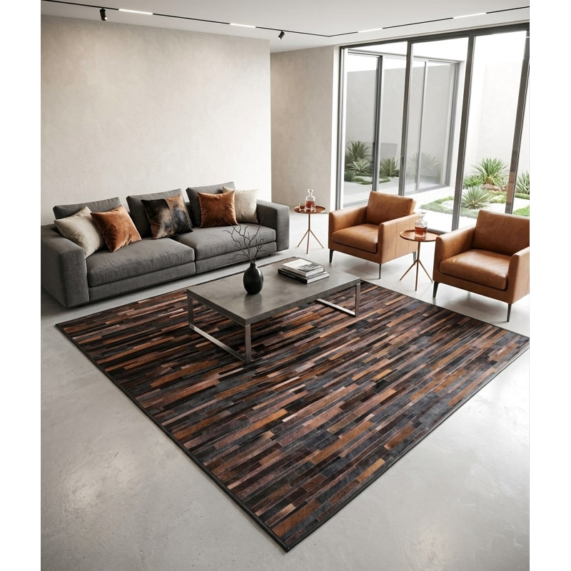 Tapis Abani Rugs Hide HID480A brun et noir à fines rayures patchwork brique Soriano, 8 pi x 10 pi