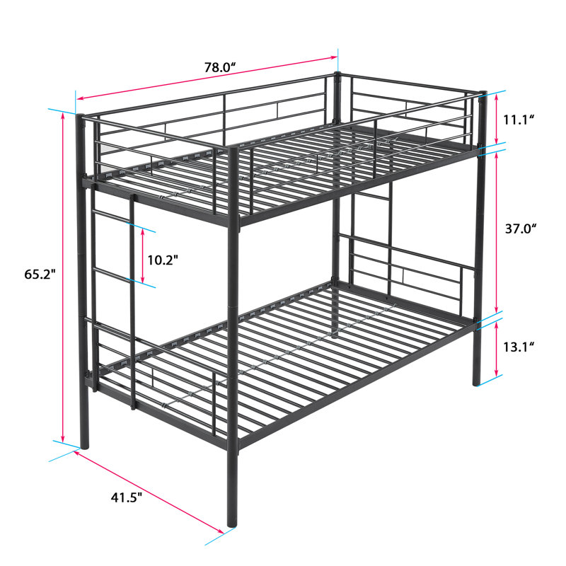 Ensemble de 2 lits superposés en métal sur un cadre simple, lits superposés en acier robuste avec garde-corps et échelles intégrées, cadres de lit en métal peu encombrants