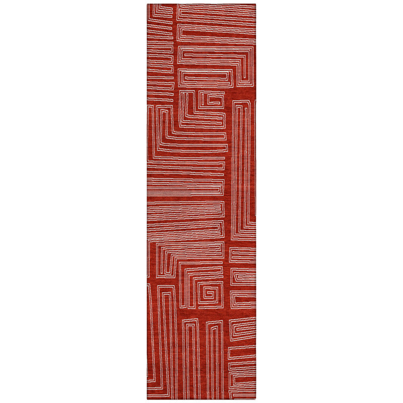 Red Geometric Synthetic Washable Runner Rug 2'3" x 7'6"