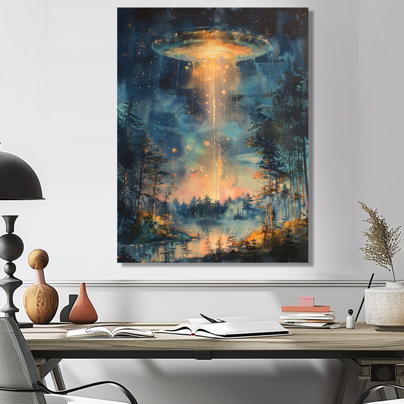 Jaune et rose Stellar Ufos - Art mural Ufos, Cadre simple blanc, bois massif, H 16 po x l 32 po
