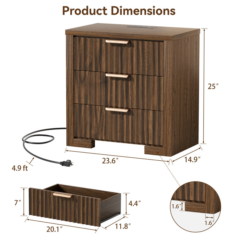 3-Drawer 23.6''W Night Stand with Built-In Outlets, Modern Fluted Bed Side Table, Walnut, 1