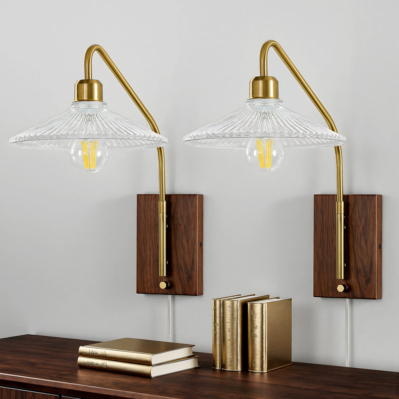 2 - Light Plug in Swing Arm Wall Sconces with Glass Shade, Brushed Gold
