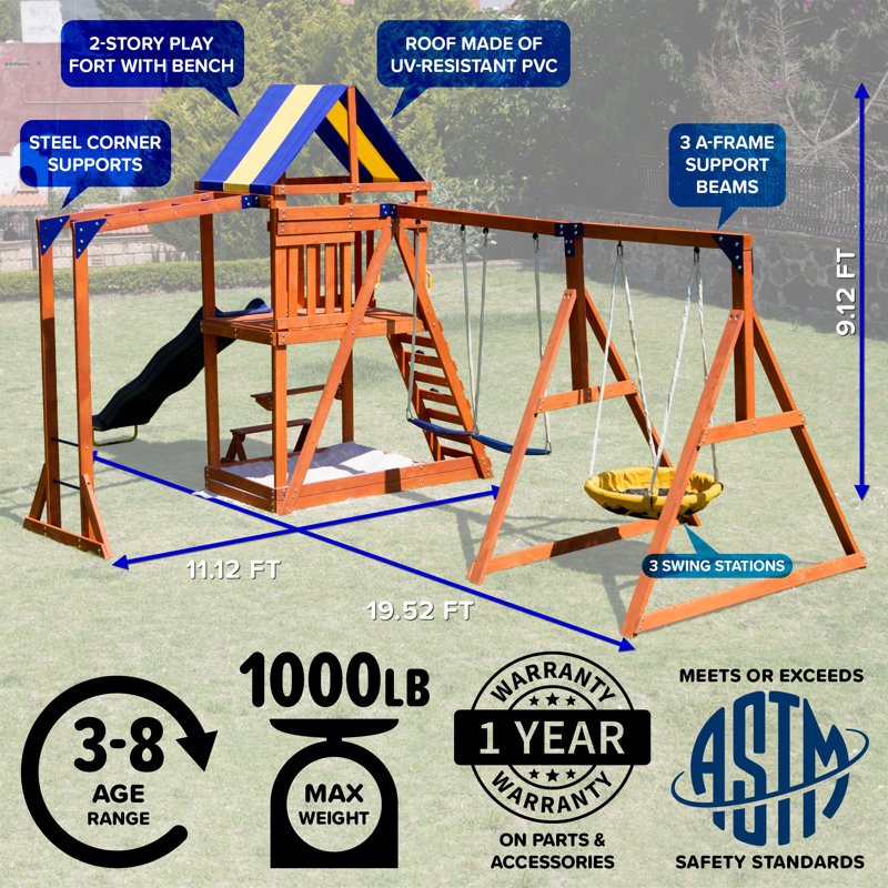 Sportspower Grand Mesa Wooden Swing Set with Lifetime Warranty on 8' Double Wall Slide