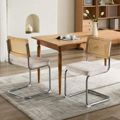 2 Mid Century Modern Dining Chairs, Beige Velvet With Back And Metal Base, Timeless Appeal Chairs Of 2, Upholstered Oak Tone Room Essentials, Soft F
