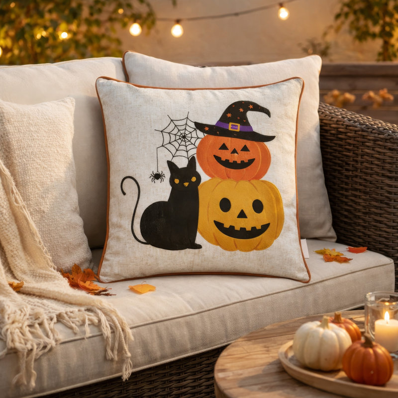 Coussin décoratif carré, pile de chat et de citrouille, tissu d'aspect lin ivoire 20 po