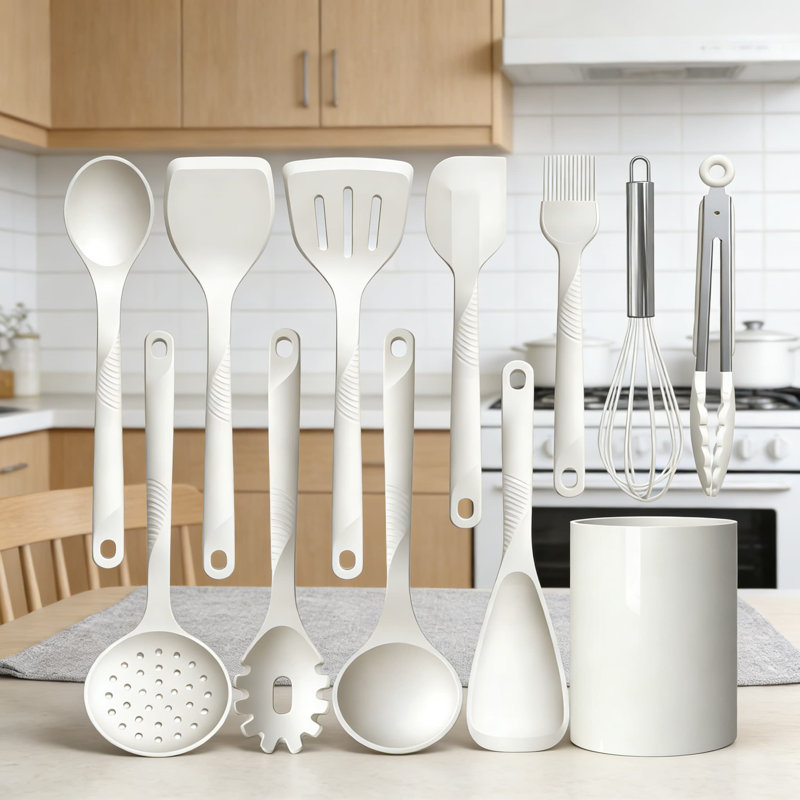 Silicone Cooking Utensils Set - 600°F Heat Resistant, Nonstick Kitchen Tools With Stainless Steel Core, BPA Free, Dishwasher Safe, Cream White, 10-Piece Set