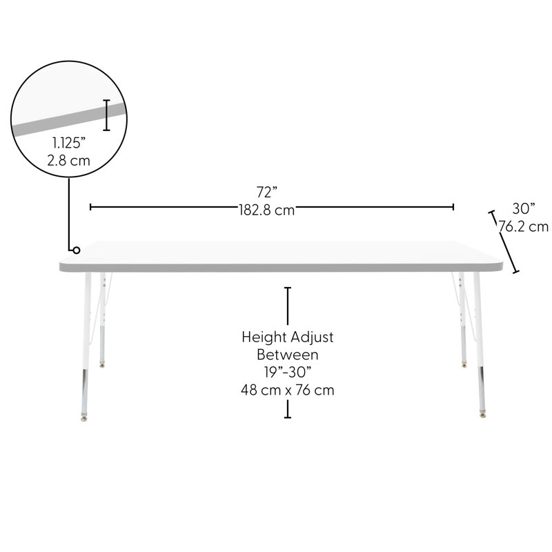 Table rectangulaire d'activités thermofusionnées avec pieds réglables et pivotants standard, H 30 po x l 30 po x P 72 po