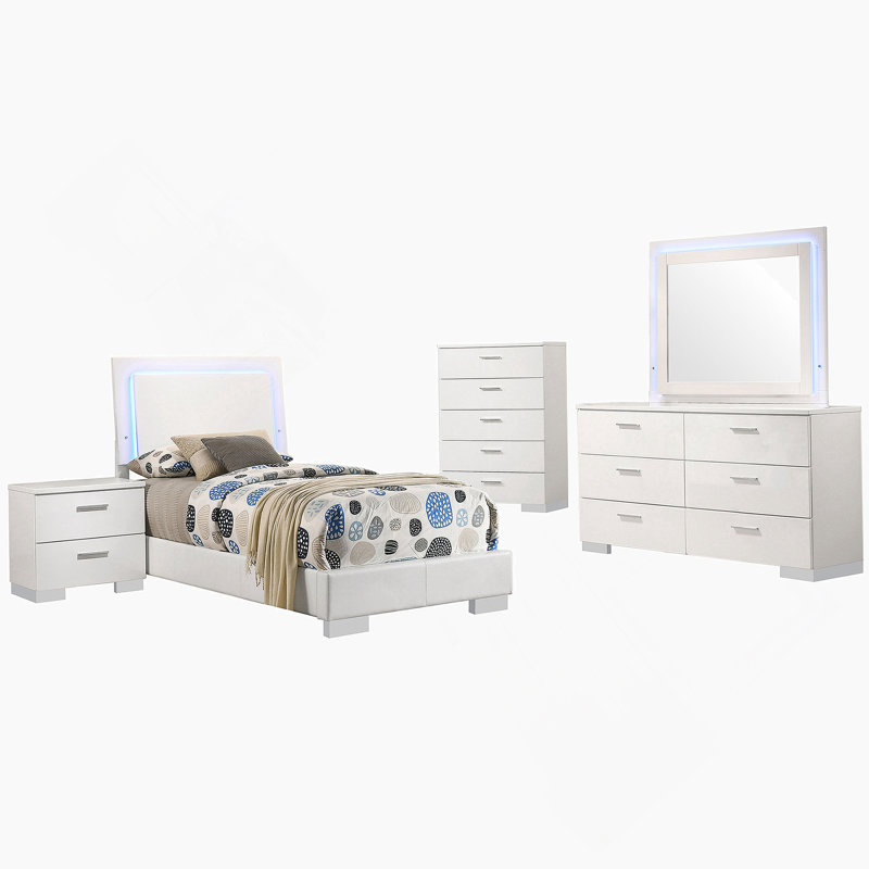 Ensemble de chambre à coucher pour lit simple 5 pièces blanc ultrabrillant