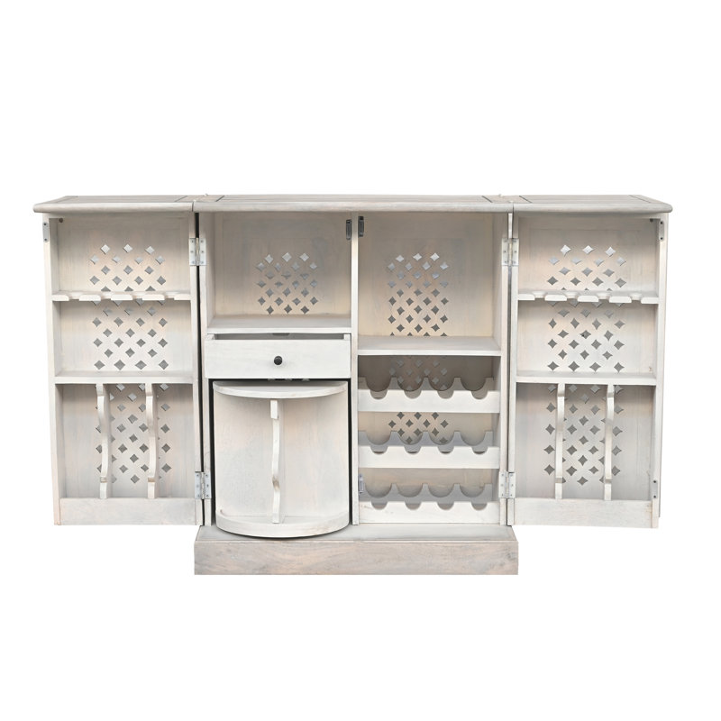 Bar extensible en bois massif avec verres à pied et rangement pour bouteilles, Blanc