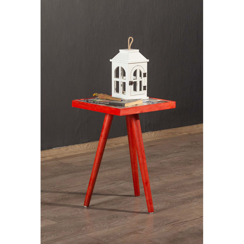 Canora Grey Side Coffee Table End Table Accent Table Home Essentials Solid Wood Tile Ceramic Table, Red