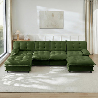138" U Shaped Modern Sofa Modular Sectional Cloud Couch with 2 Ottomans, 4-Seat Chenille Deep Seat Sofa with Comfy Lattice Decored Seat Cushion, Bedroom and Apartment