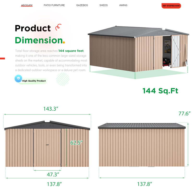 12' x 12' Metal Storage Shed  With Design Of Lockable Doors, Gray