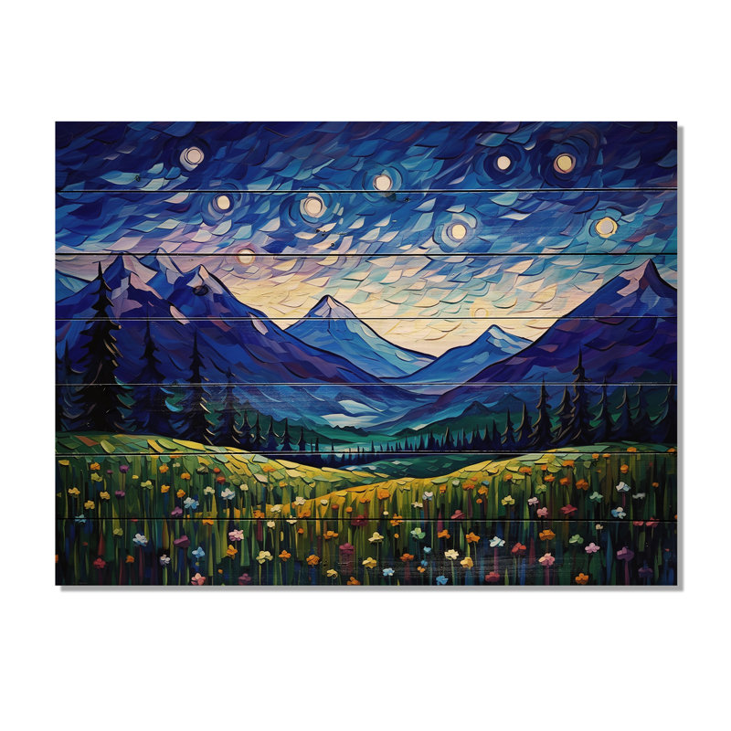 Vangogh nuit étoilée au-dessus des montagnes sur bois, H 24 po x l 32 po x P 0,78 po