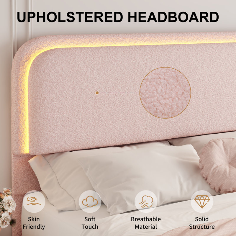 LED Teddy Fleece Platform Bed Frame with 2 Free-Combination Storage Drawers, Pink, Queen