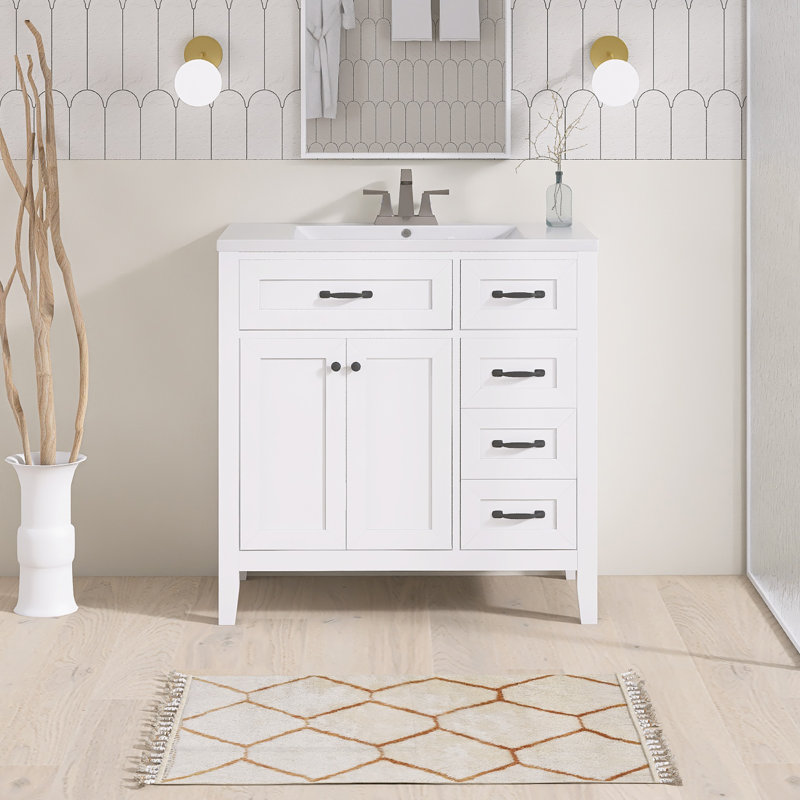 35,98 po Meuble-lavabo autoportant à simple cuve avec comptoir en céramique blanc non assemblé, Blanc