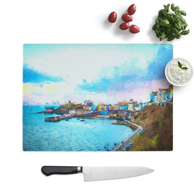 Tempered Glass Tenby Harbour in Pembrokeshire Wales Chopping Board, 39 cm W x 28.5 cm L