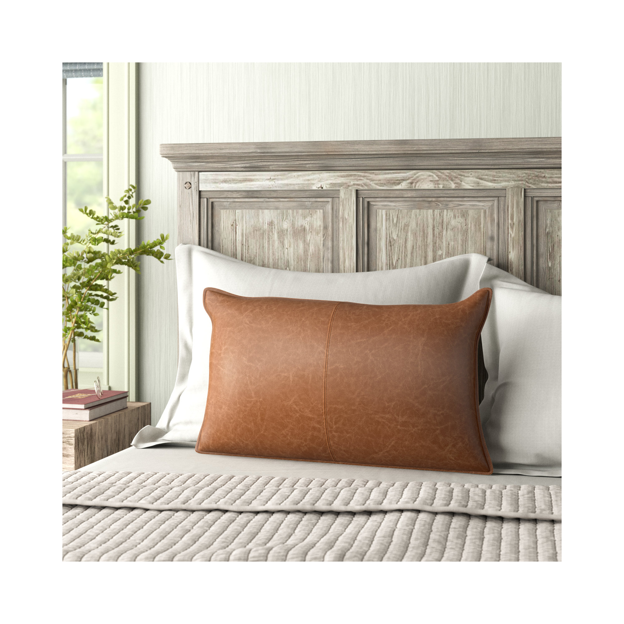 Cutler Leather Accent Pillow, Rectangular, Chestnut Brown, 14" x 26"