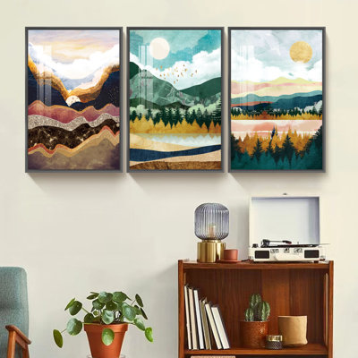 Paysage naturel encadré, ensemble de 3 reproductions d'art sur toile encadrées
