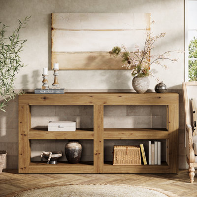 Console en bois massif de 63 po avec rangement cubique, table basse à 3 niveaux derrière le canapé, table d'entrée pour le couloir, vestibule