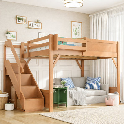 Lit mezzanine pleine grandeur avec garde-robe et espace de rangement intégrés, lit mezzanine en bois massif avec tablettes à côté, garde-corps pleine longueur et escalier, aucun sommier nécessaire