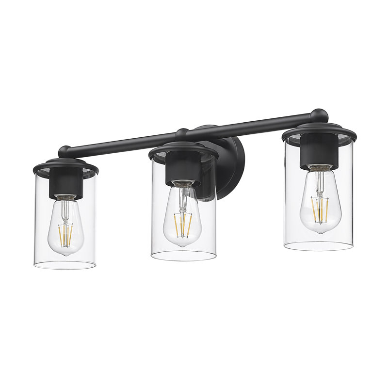 Éclairage de salle de bain à intensité variable en acier 3 lumières avec abat-jour en verre transparent Cheetham, Noir mat