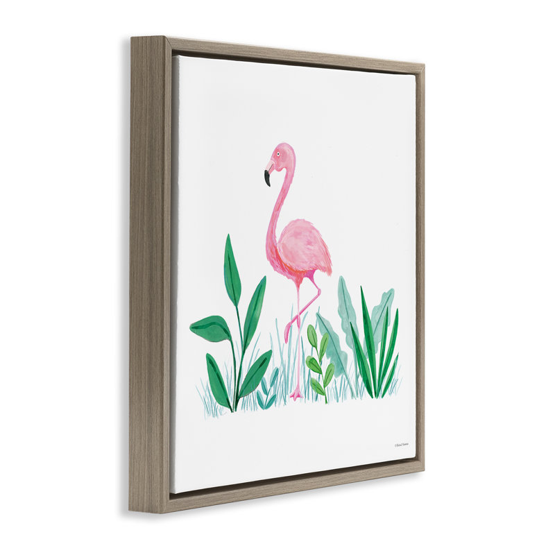 «Summer Flamingo & Fronds» par Susan Ball, H 25 po x l 25 po, Cadre flottant orme Montalcino