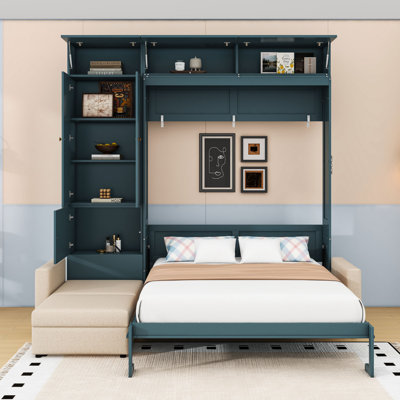 Grand lit escamotable en bois avec canapé et tablettes de rangement