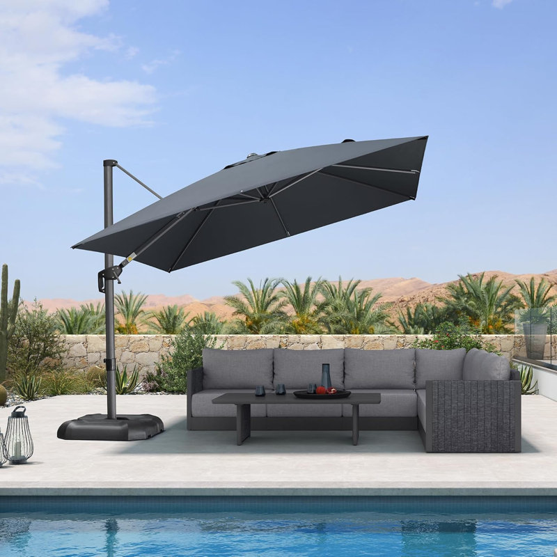 Grand parasol carré en porte-à-faux 10 pi gris avec base et rotation à 60 degrés, Gris