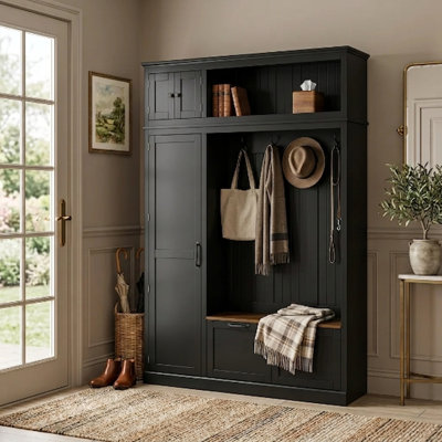 Traditional 3-In-1 Entryway Hall Tree, Large Mudroom Organizer With Grooved Back Panel And Wood Top Bench, Black