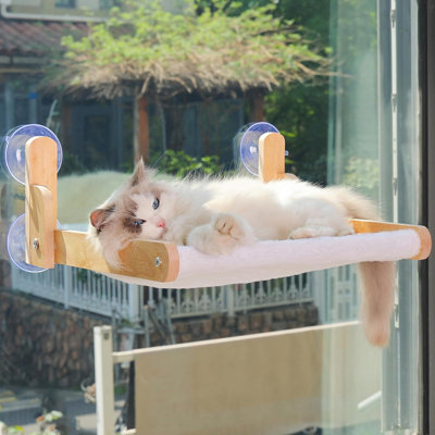 Cat Window Perch, Foldable Cat Hammock with Faux Rabbit Fur Cover | Wooden frame, four suction cups and removable washable cushion
