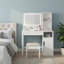 Table de coiffeuse blanche avec finition et miroir Conception de rangement multifonctionnelle; Table de rangement pour chambre à coucher et maquillage.