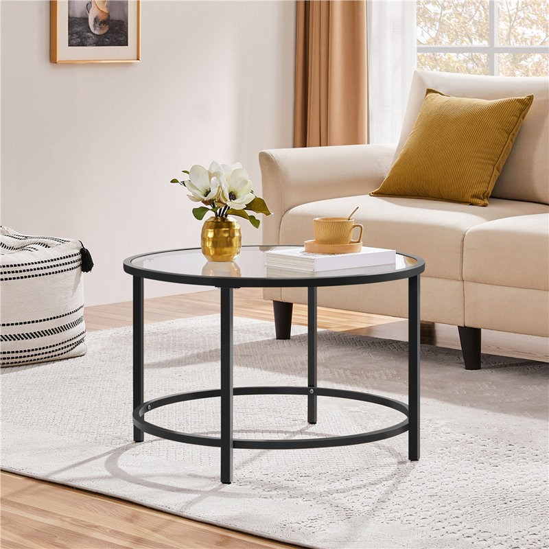 Table basse ronde en verre Cellestine, Noir, H 18 po x L 27,6 po x l 27,6 po